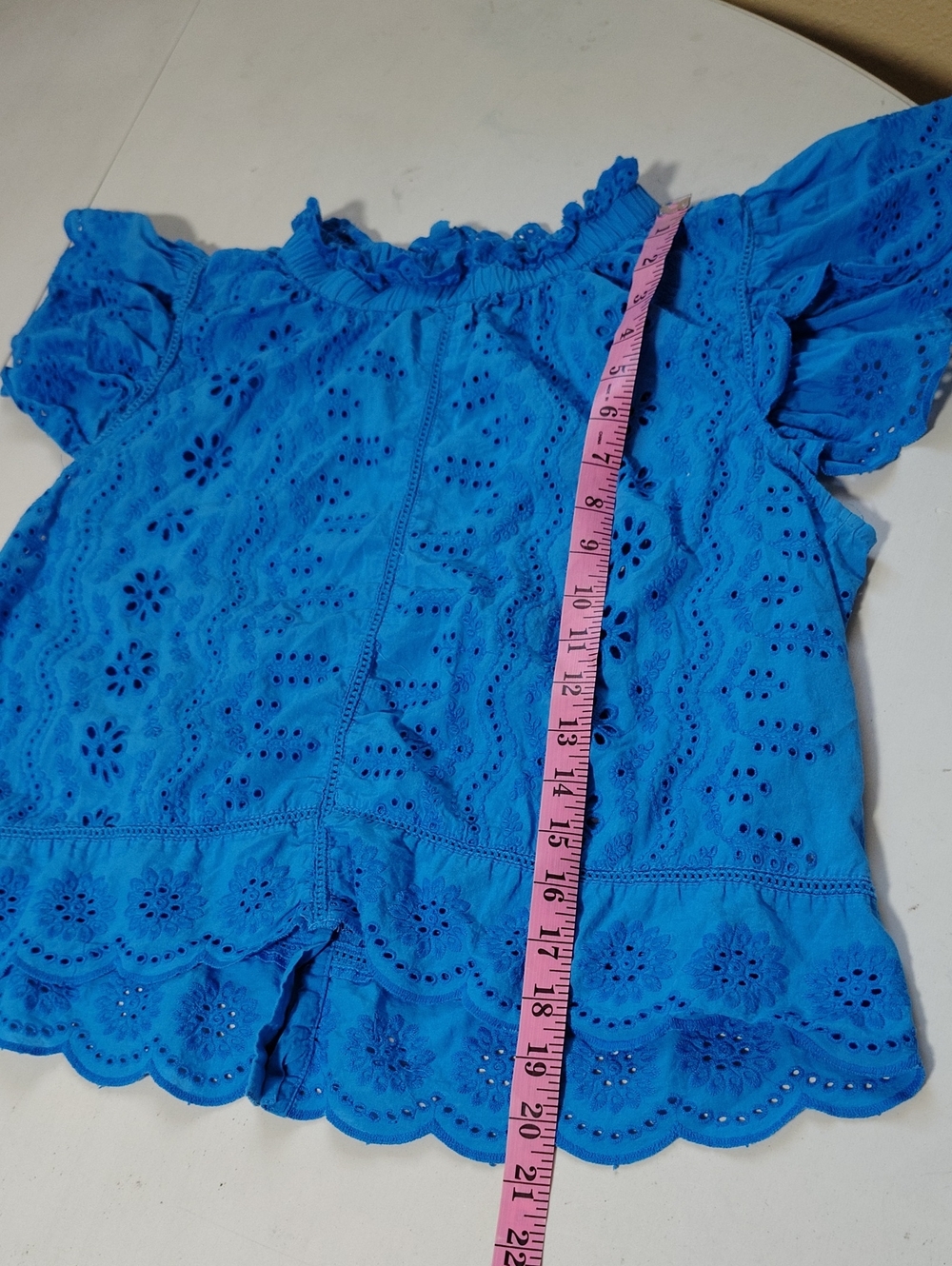 Jennifer & Grace 100% Cotton Eyelet Ruffle High Neck Button Back Top Size L Boho - Picture 11 of 13